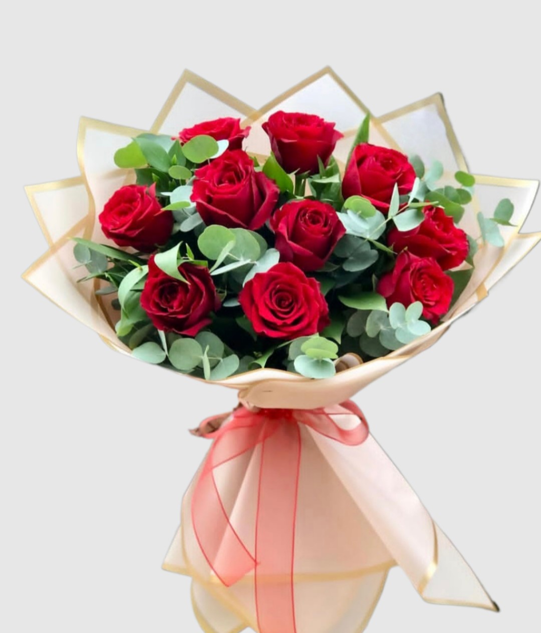 دسته گل رز هلندی قرمز و اکالیپتوس