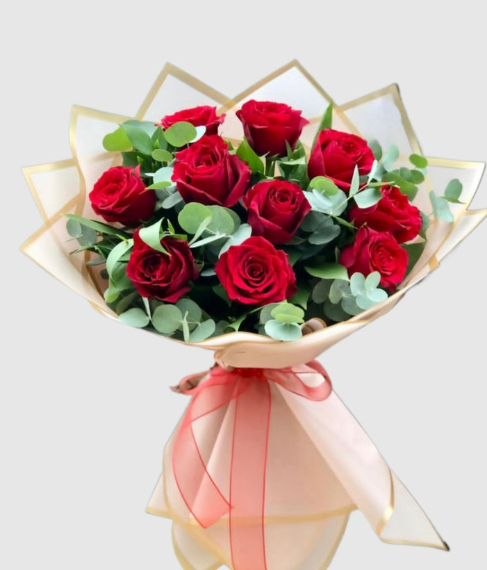 دسته گل رز هلندی قرمز و اکالیپتوس